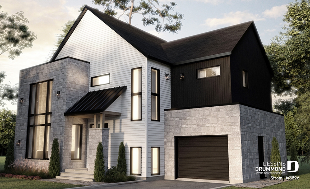 Version couleur no. 1 - Vue avant - Plan de maison contemporaine d'inspiration scandinave 3 chambres, 2.5 s.bain, garage, garde-manger, vestiaire - Strom