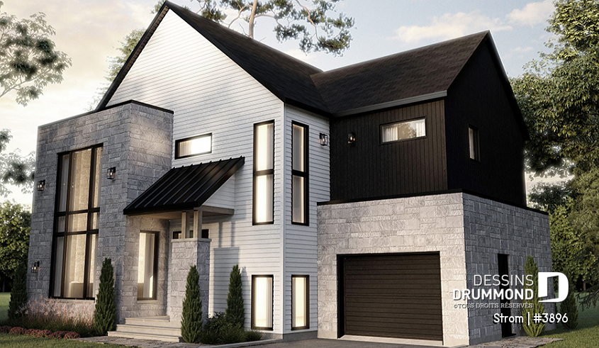 Version couleur no. 1 - Vue avant - Plan de maison contemporaine d'inspiration scandinave 3 chambres, 2.5 s.bain, garage, garde-manger, vestiaire - Strom