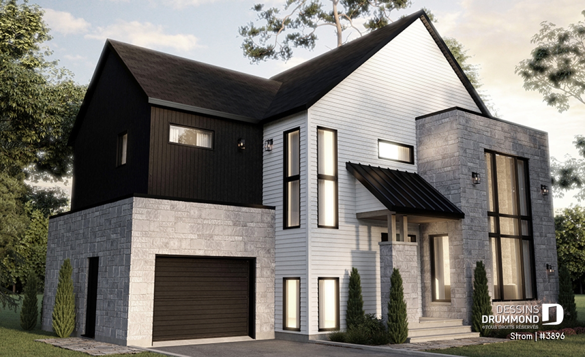 Version couleur no. 1 - Vue avant - Plan de maison contemporaine d'inspiration scandinave 3 chambres, 2.5 s.bain, garage, garde-manger, vestiaire - Strom