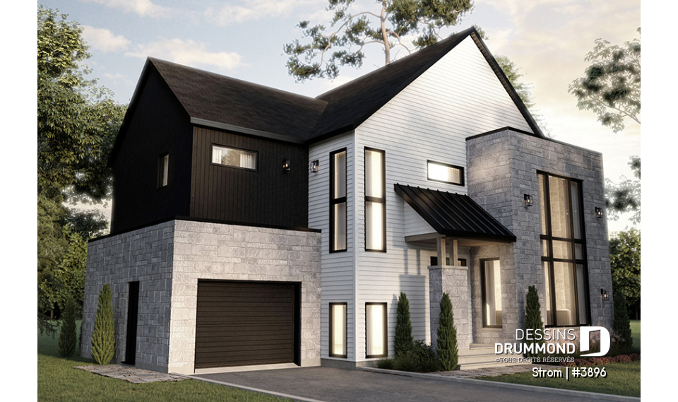 Version couleur no. 1 - Vue avant - Plan de maison contemporaine d'inspiration scandinave 3 chambres, 2.5 s.bain, garage, garde-manger, vestiaire - Strom