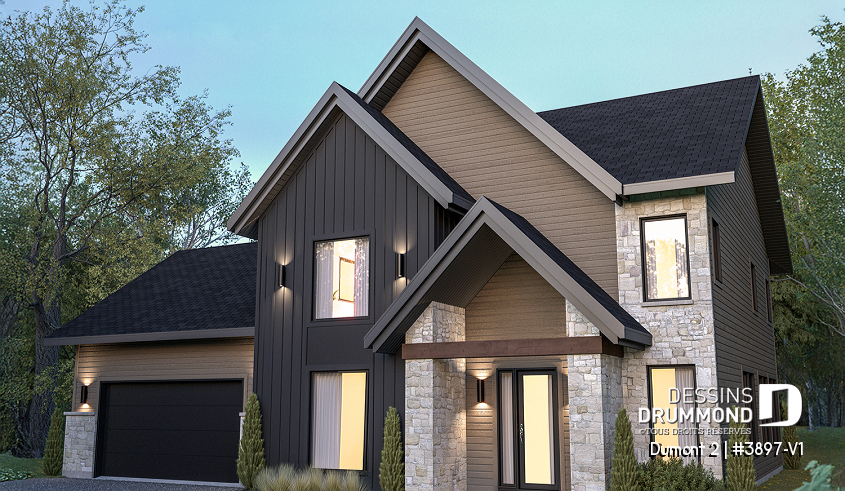 Vue avant - MODÈLE DE BASE - Plan de maison de style Farmhouse moderne proposant 3 chambres plus bureau, foyer, garde-manger et plus! - Dumont 2