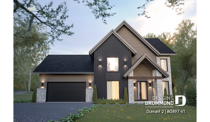 Vue avant - MODÈLE DE BASE du plan de maison unifamiliale 3897-V1 Vue avant - MODÈLE DE BASE - Dumont 2