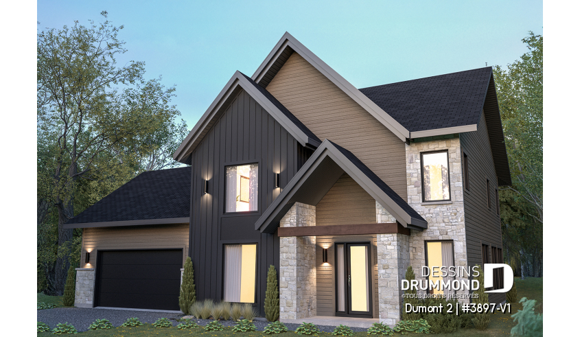 Vue avant - MODÈLE DE BASE du plan de maison unifamiliale 3897-V1 Vue avant - MODÈLE DE BASE - Plan de maison de style Farmhouse moderne proposant 3 chambres plus bureau, foyer, garde-manger et plus! - Dumont 2