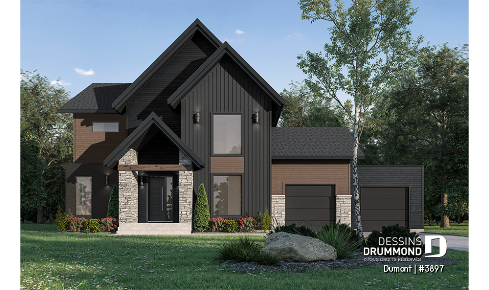 Vue avant - MODÈLE DE BASE - Plan de maison 3 à 6 chambres, grande suite des maîtres avec balcon privé, bureau, garde-manger, 2 foyers - Dumont