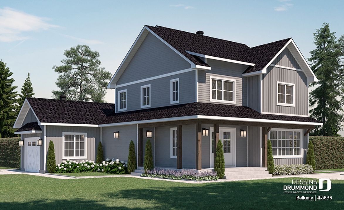 Vue avant - MODÈLE DE BASE - Plan de maison pour terrain en coin, 3 chambres, 2 salles de bain, vestiaire, garde-manger - Bellamy