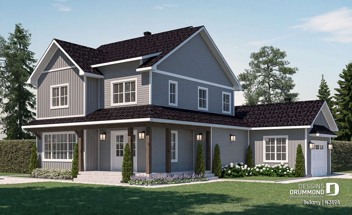 Vue avant - MODÈLE DE BASE - Plan de maison pour terrain en coin, 3 chambres, 2 salles de bain, vestiaire, garde-manger - Bellamy
