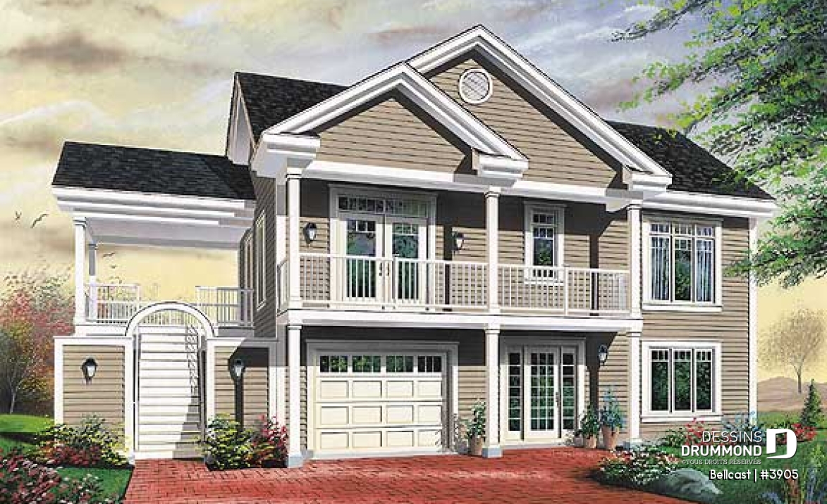 Vue avant - MODÈLE DE BASE - Plan de chalet, planchers inversés, 2 salon, bureau double, plafond 9', 3 à 4 chambres, grande terrasse - Bellcast