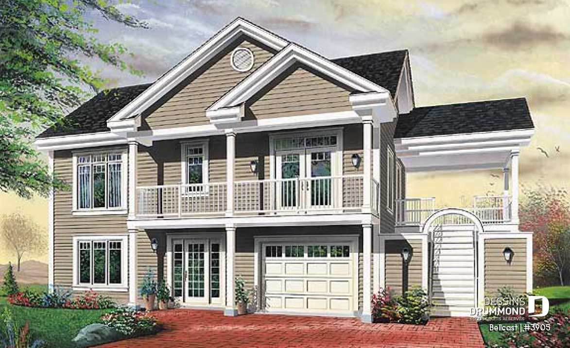 Vue avant - MODÈLE DE BASE - Plan de chalet, planchers inversés, 2 salon, bureau double, plafond 9', 3 à 4 chambres, grande terrasse - Bellcast