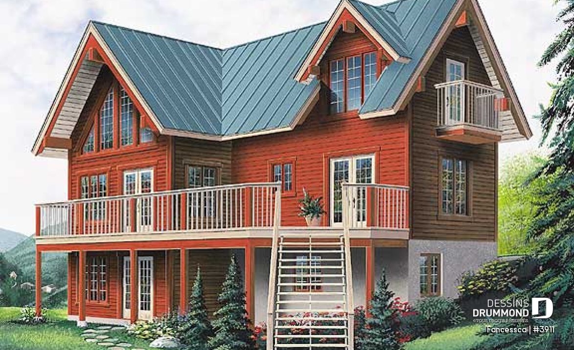 Vue avant - MODÈLE DE BASE - Plan de maison pour vue panoramique, chambre parents avec balcon, salon avec cathédrale et foyer - Fancessca