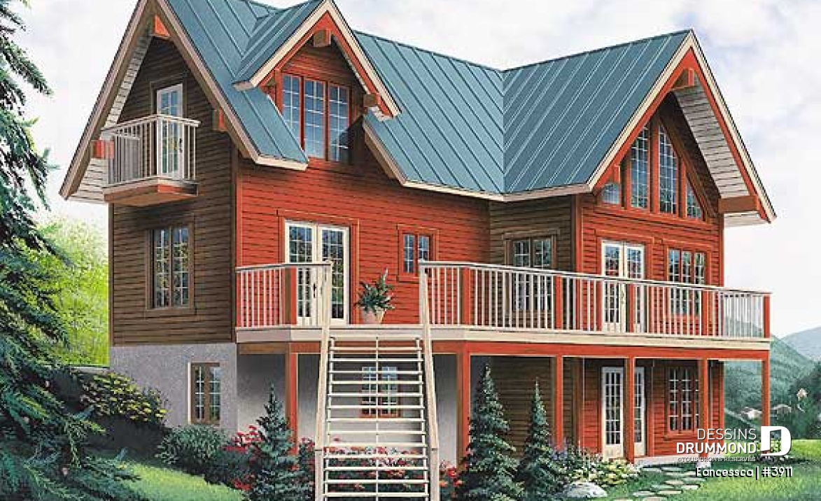 Vue avant - MODÈLE DE BASE - Plan de maison pour vue panoramique, chambre parents avec balcon, salon avec cathédrale et foyer - Fancessca
