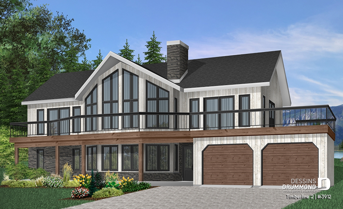 Vue avant - MODÈLE DE BASE - Plan maison 4 chambres, garage double, plancher inversé, 2 foyers, suite des parents, grande cuisine - Timberline 2