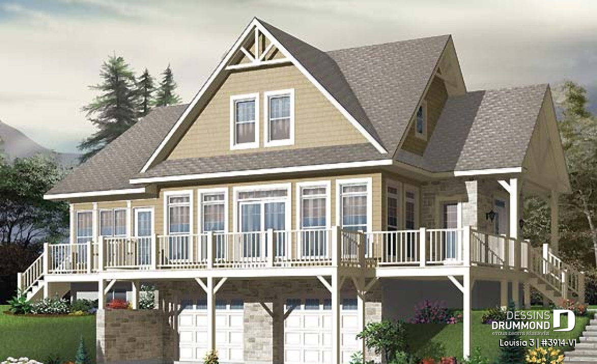 Vue arrière - MODÈLE DE BASE - Plan de chalet rustique au bord de l'eau, 3 chambres, garage sous la maison, coin bureau, mezzanine, solarium  - Louisia 3