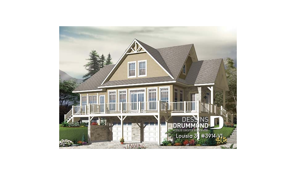 Vue arrière - MODÈLE DE BASE - Plan de chalet rustique au bord de l'eau, 3 chambres, garage sous la maison, coin bureau, mezzanine, solarium  - Louisia 3