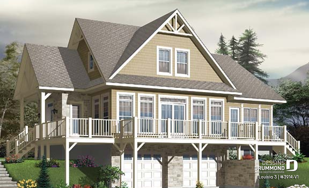 Vue arrière - MODÈLE DE BASE - Plan de chalet rustique au bord de l'eau, 3 chambres, garage sous la maison, coin bureau, mezzanine, solarium  - Louisia 3