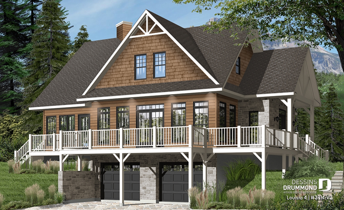 Version couleur no. 1 - Vue avant - Plan chalet en montagne ou bord de l'eau, 4 chambres, foyer double face, garage double, solarium  - Louisia 4
