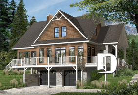 Version couleur no. 1 - Vue avant - Plan chalet en montagne ou bord de l'eau, 4 chambres, foyer double face, garage double, solarium  - Louisia 4
