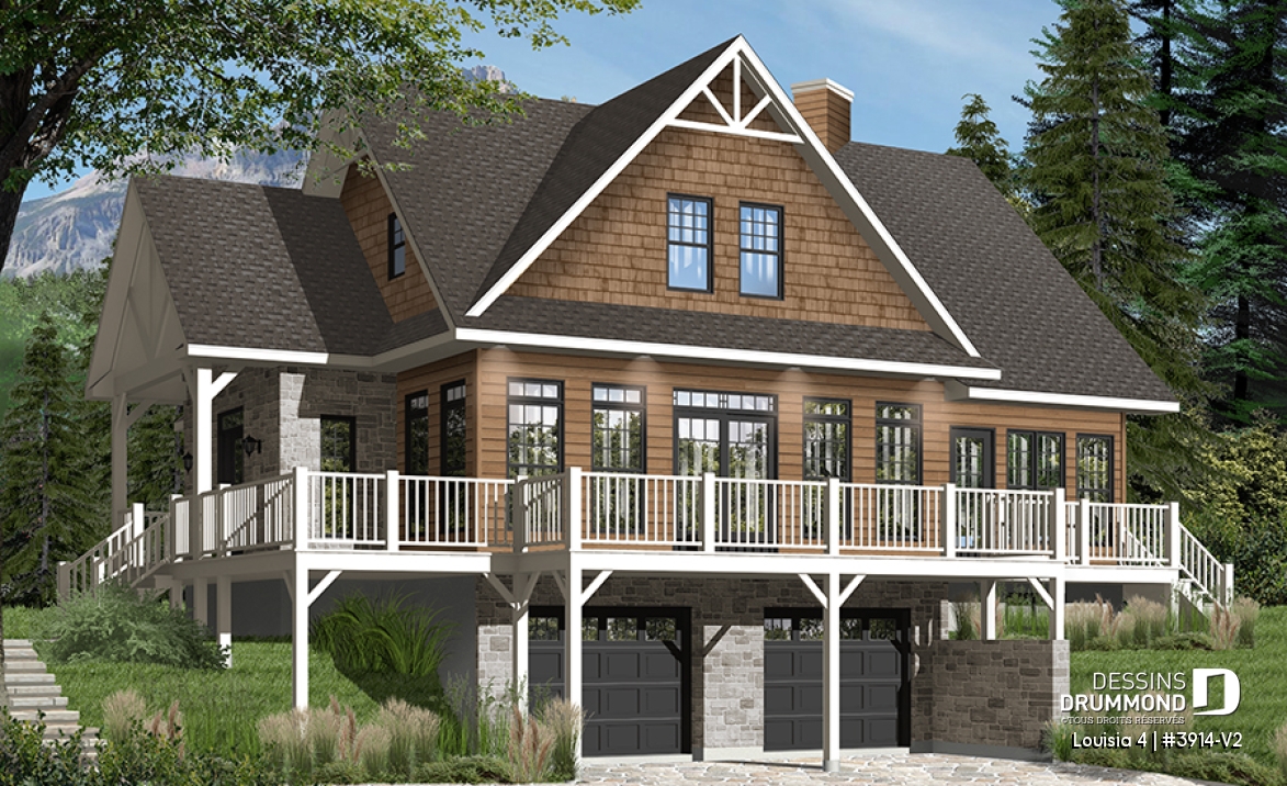 Version couleur no. 1 - Vue avant - Plan chalet en montagne ou bord de l'eau, 4 chambres, foyer double face, garage double, solarium  - Louisia 4
