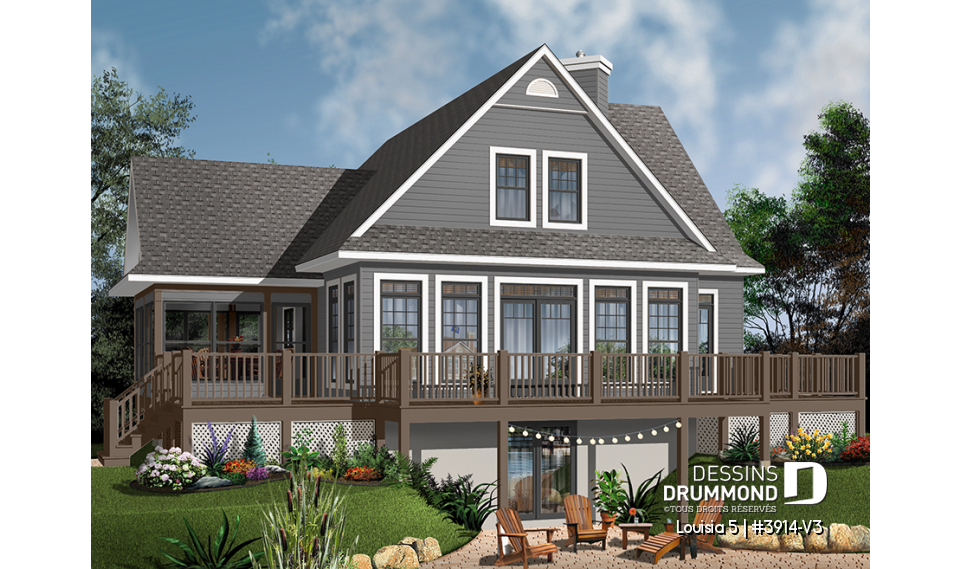 Version couleur no. 1 - Vue arrière - Plan de chalet champêtre 4 chambres, bord de l'eau, abri moustiquaire, foyer, grande terrasse, buanderie - Louisia 5