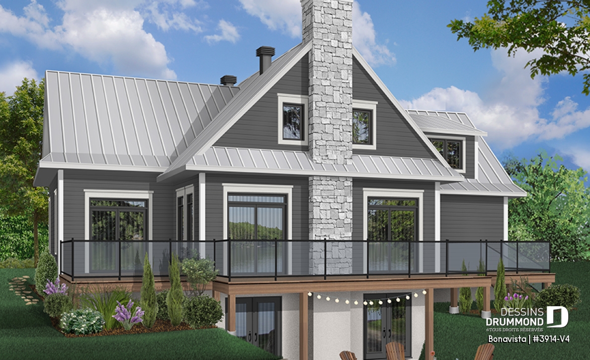 Vue arrière - MODÈLE DE BASE - Plan de Chalet rustique 4 chambres, 3 salles de bain, avec vue panoramique et garage double - Bonavista