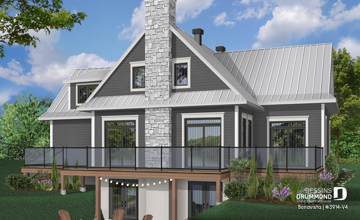 Vue arrière - MODÈLE DE BASE - Plan de Chalet rustique 4 chambres, 3 salles de bain, avec vue panoramique et garage double - Bonavista