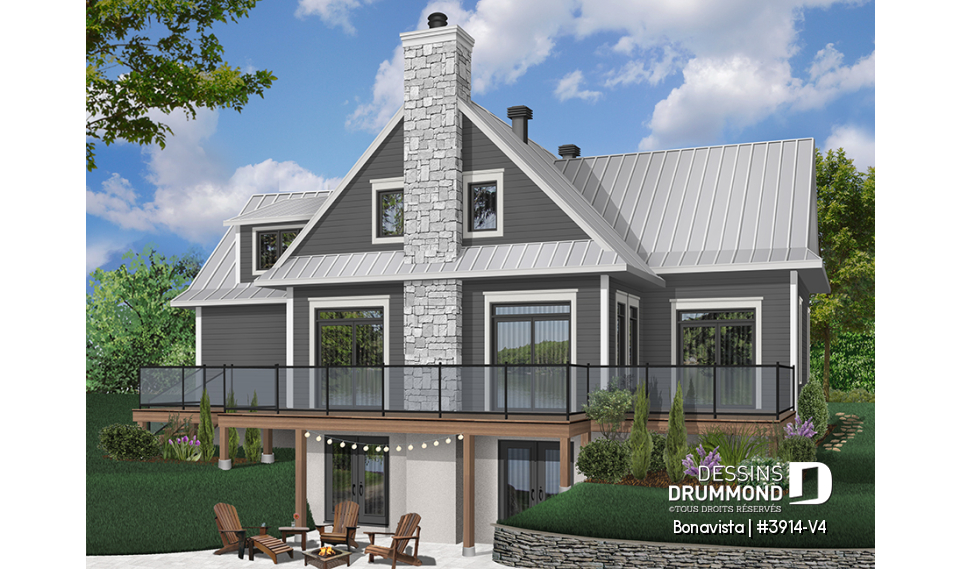 Vue arrière - MODÈLE DE BASE - Plan de Chalet rustique 4 chambres, 3 salles de bain, avec vue panoramique et garage double - Bonavista