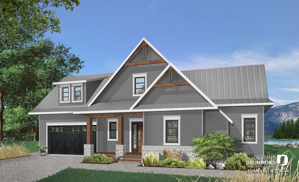 Vue avant - MODÈLE DE BASE - Plan de Chalet rustique 4 chambres, 3 salles de bain, avec vue panoramique et garage double - Bonavista