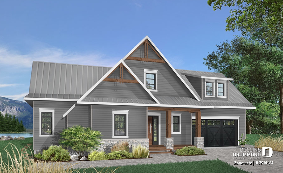 Vue avant - MODÈLE DE BASE - Plan de Chalet rustique 4 chambres, 3 salles de bain, avec vue panoramique et garage double - Bonavista
