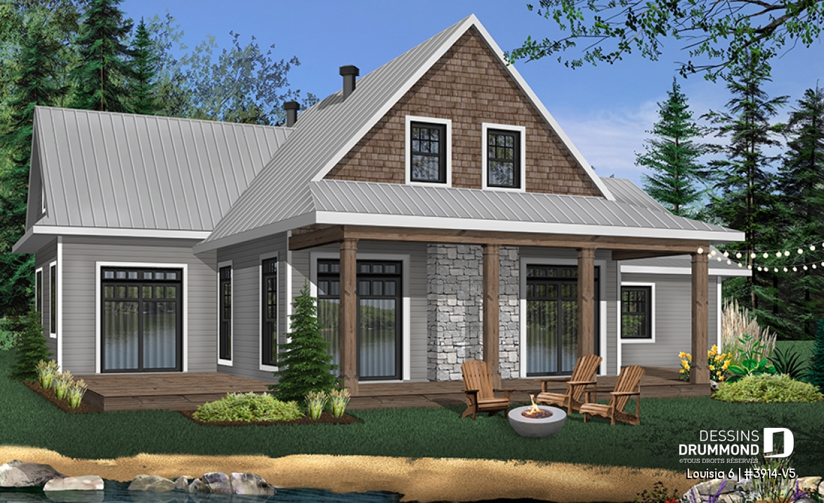 Vue arrière - MODÈLE DE BASE - Superbe maison genre chalet, grande chambre des maîtres au r-d-c, foyer, îlot à la cuisine, aire ouverte - Louisia 6