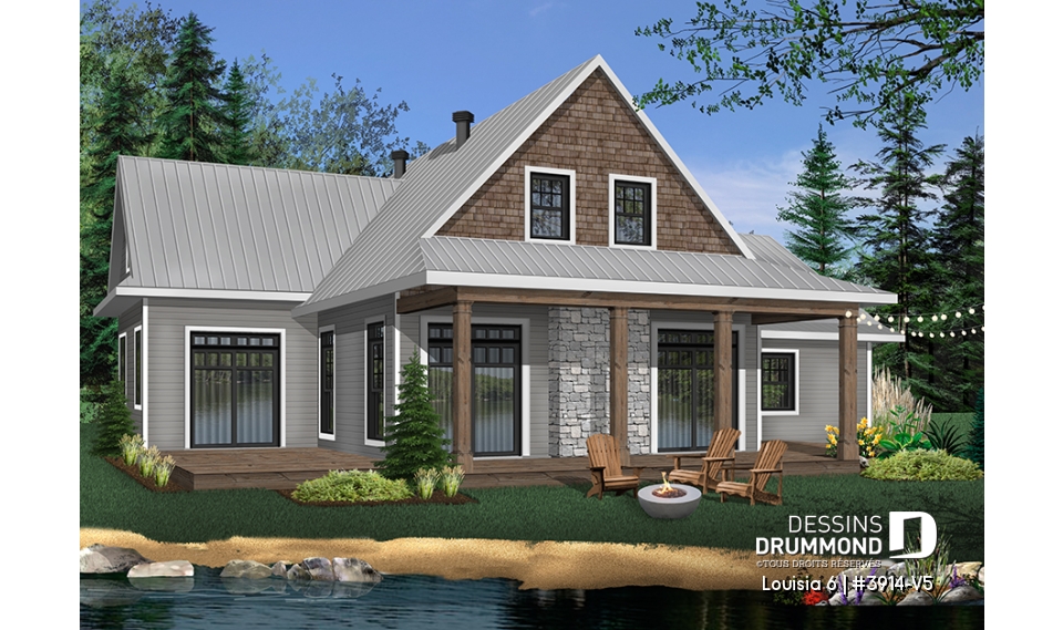 Vue arrière - MODÈLE DE BASE - Superbe maison genre chalet, grande chambre des maîtres au r-d-c, foyer, îlot à la cuisine, aire ouverte - Louisia 6