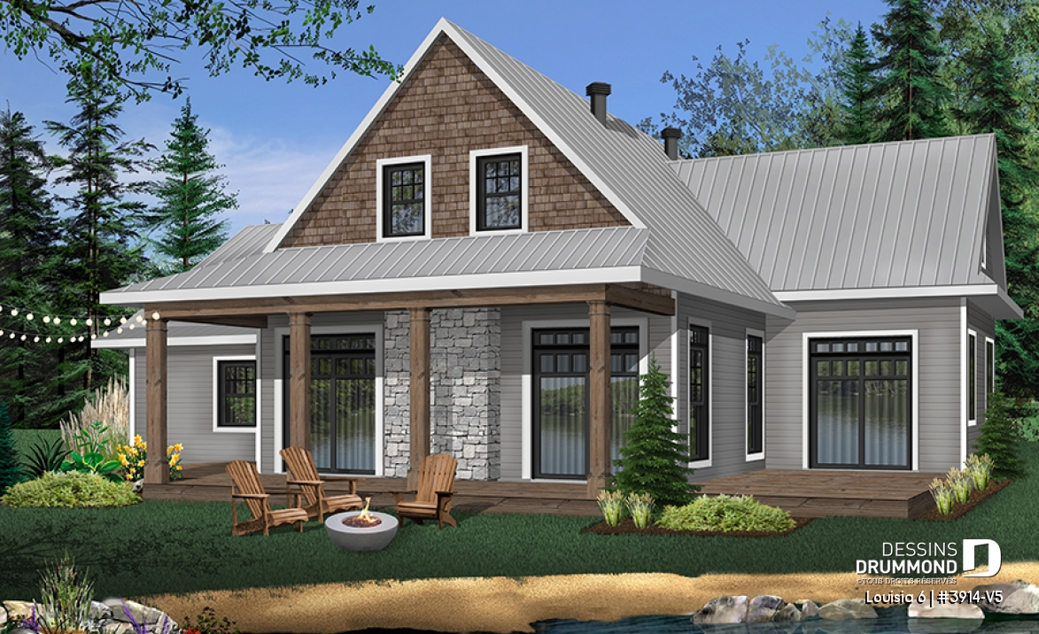 Vue arrière - MODÈLE DE BASE - Superbe maison genre chalet, grande chambre des maîtres au r-d-c, foyer, îlot à la cuisine, aire ouverte - Louisia 6