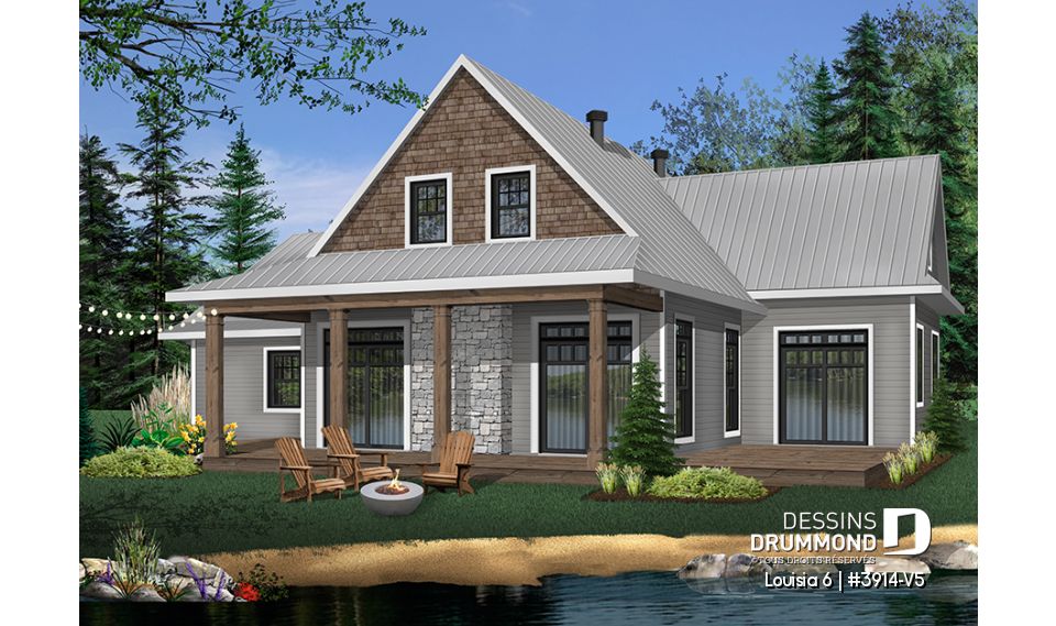 Vue arrière - MODÈLE DE BASE - Superbe maison genre chalet, grande chambre des maîtres au r-d-c, foyer, îlot à la cuisine, aire ouverte - Louisia 6