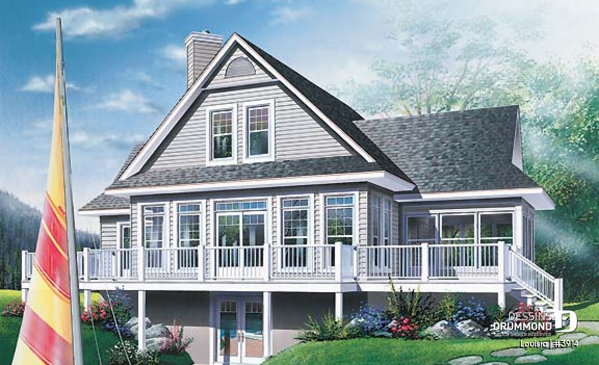 Vue arrière - MODÈLE DE BASE - Plan de chalet avec grande terrasse, 3 chambres, chambre parents rdc, abri moustiquaire et foyer deux faces - Louisia