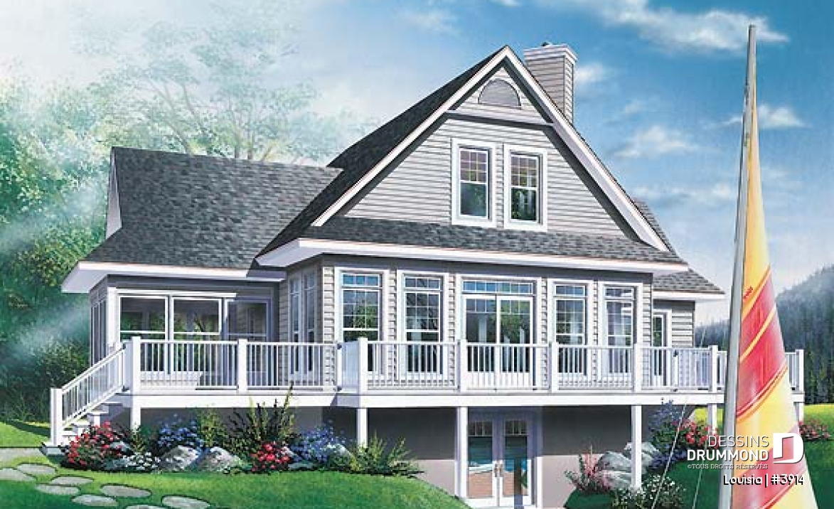 Vue arrière - MODÈLE DE BASE - Plan de chalet avec grande terrasse, 3 chambres, chambre parents rdc, abri moustiquaire et foyer deux faces - Louisia