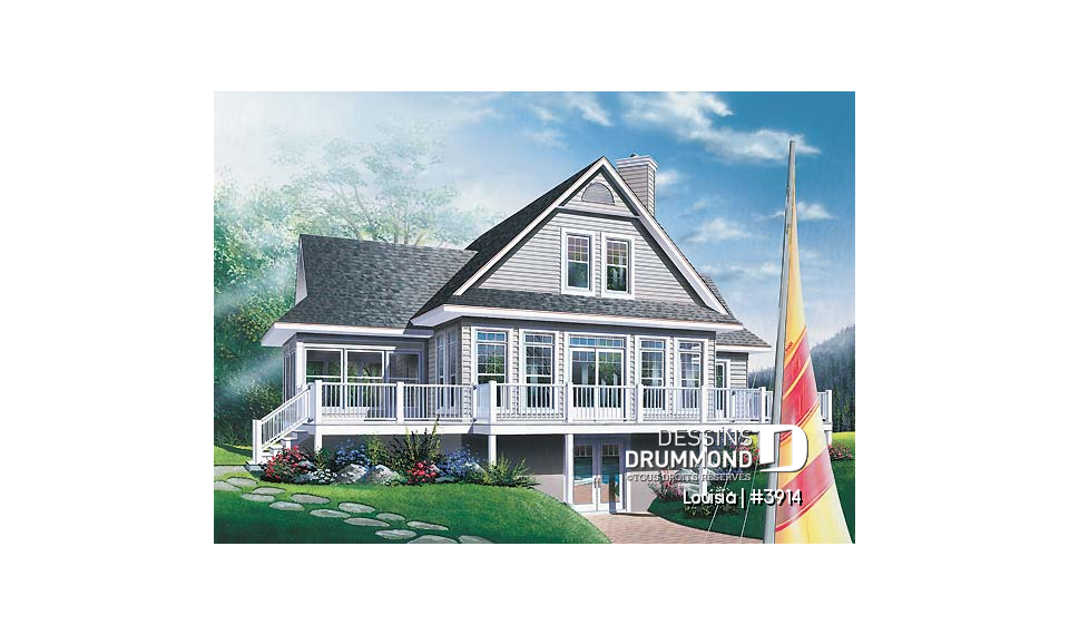 Vue arrière - MODÈLE DE BASE - Plan de chalet avec grande terrasse, 3 chambres, chambre parents rdc, abri moustiquaire et foyer deux faces - Louisia