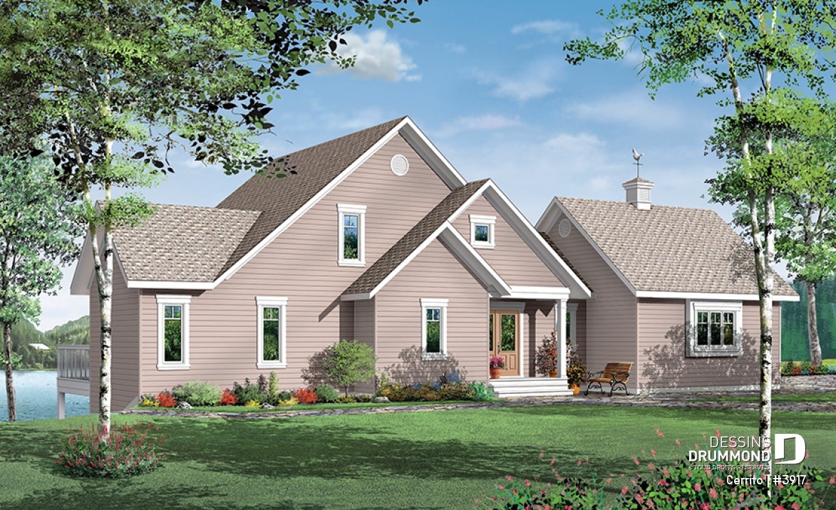Vue avant - MODÈLE DE BASE - Plan maison bord de l'eau, 2 à 4 chambres, garage, solarium, plafond cathédrale, foyer, grand balcon - Cerrito