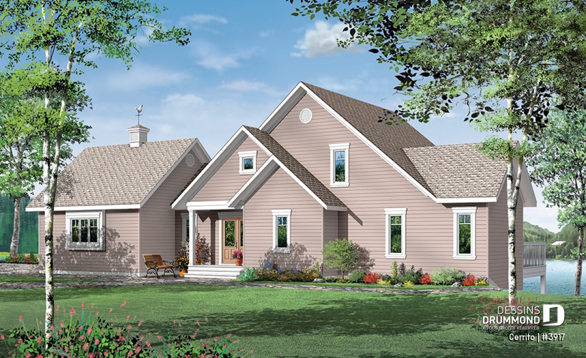 Vue avant - MODÈLE DE BASE - Plan maison bord de l'eau, 2 à 4 chambres, garage, solarium, plafond cathédrale, foyer, grand balcon - Cerrito