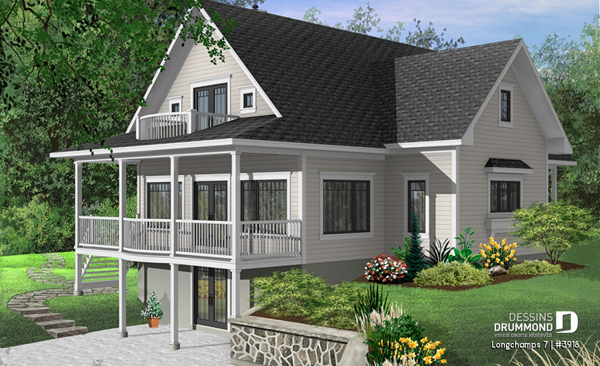 Version couleur no. 4 - Vue arrière - Modèle de chalet, 3 à 4 chambres, 3.5 salles de bain, foyer double face, galerie couverte, plafond 9' - Longchamps 7