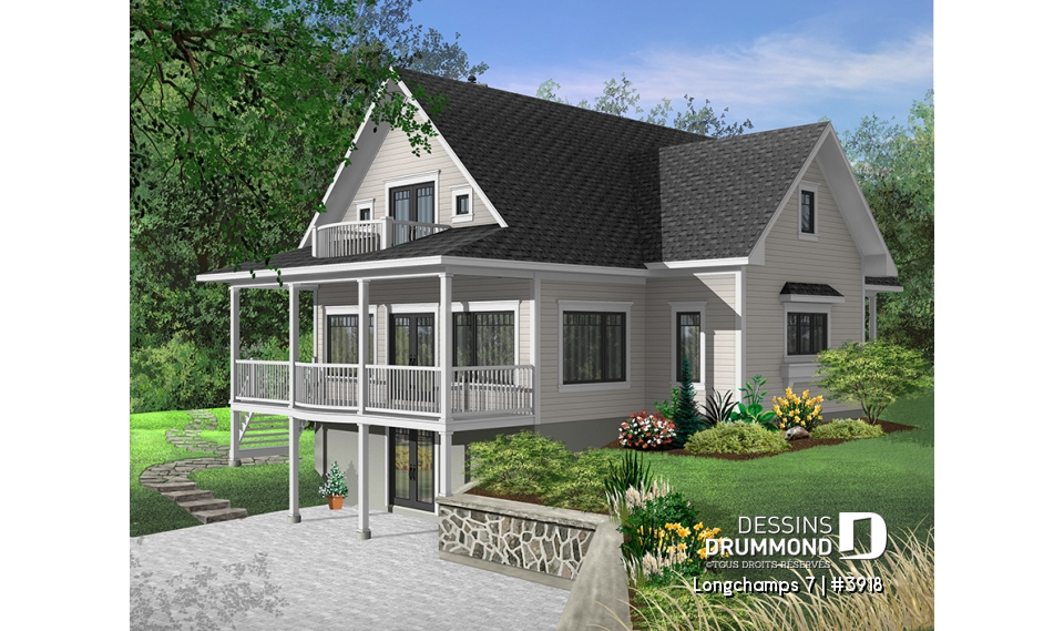 Version couleur no. 4 - Vue arrière - Modèle de chalet, 3 à 4 chambres, 3.5 salles de bain, foyer double face, galerie couverte, plafond 9' - Longchamps 7