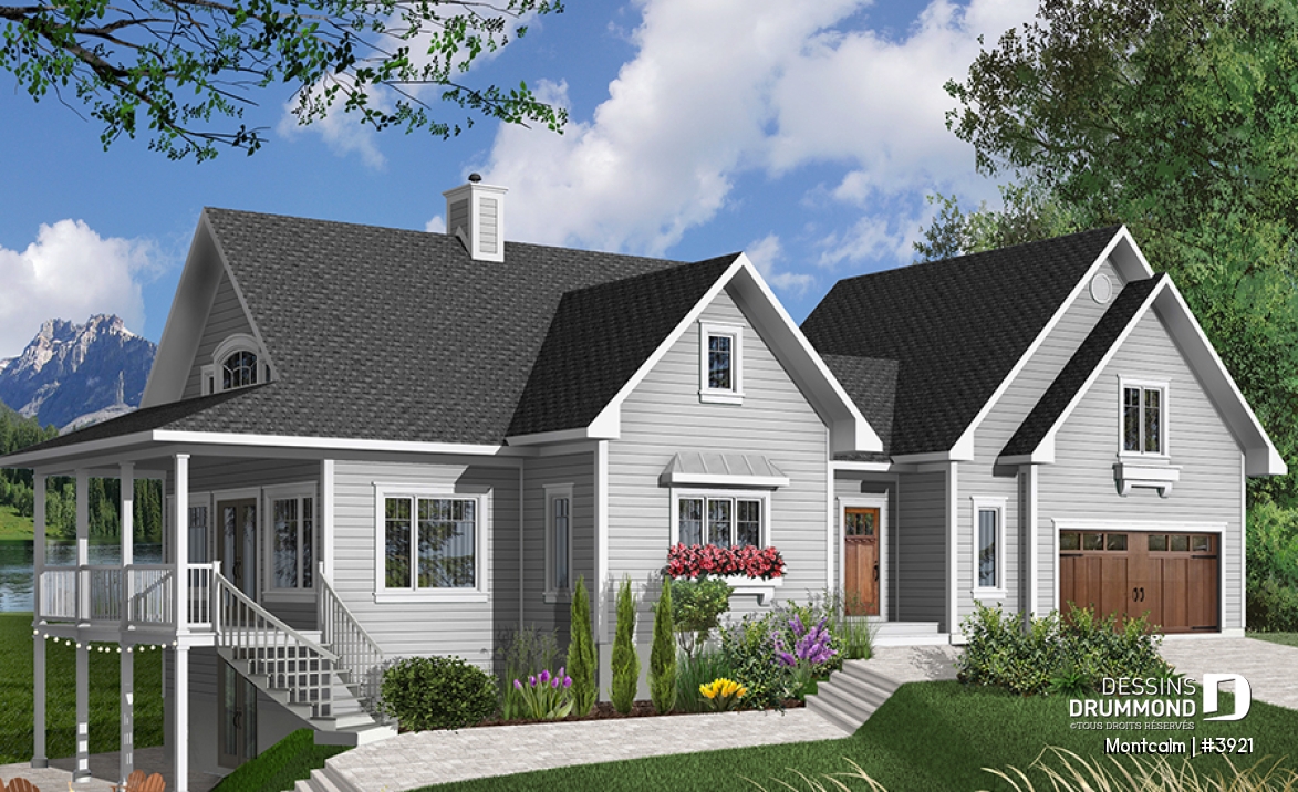 Vue avant - MODÈLE DE BASE - Plan de maison champêtre style chalet, garage double, 3 à 4 chambres, suite pour invités au-dessus du garage - Montcalm