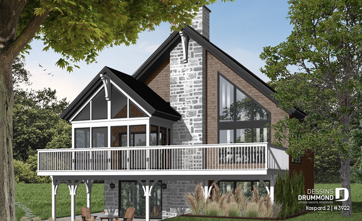Vue arrière - MODÈLE DE BASE - Plan de chalet rustique, abri moustiquaire, 3 à 4 chambres, mezzanine, grande terrasse - Kaspard 2