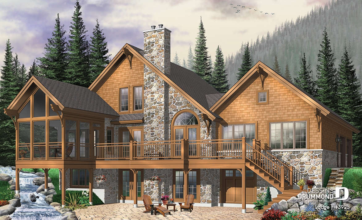 Vue arrière - MODÈLE DE BASE - Plan de chalet rustique, 4, 5 ou 6 chambres, 2 suites des maîtres avec salle de bain privée, rez-de-jardin - Lodge