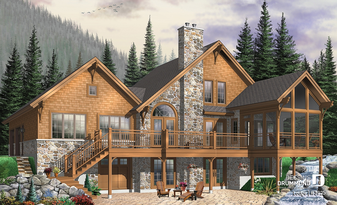 Vue arrière - MODÈLE DE BASE - Plan de chalet rustique, 4, 5 ou 6 chambres, 2 suites des maîtres avec salle de bain privée, rez-de-jardin - Lodge