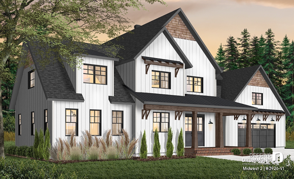 Vue avant - MODÈLE DE BASE - Plan de maison Farmhouse, 4 chambres, suite des maîtres au rdc, garde-manger, terrasse couverte, bibliothèque - Midwest 2