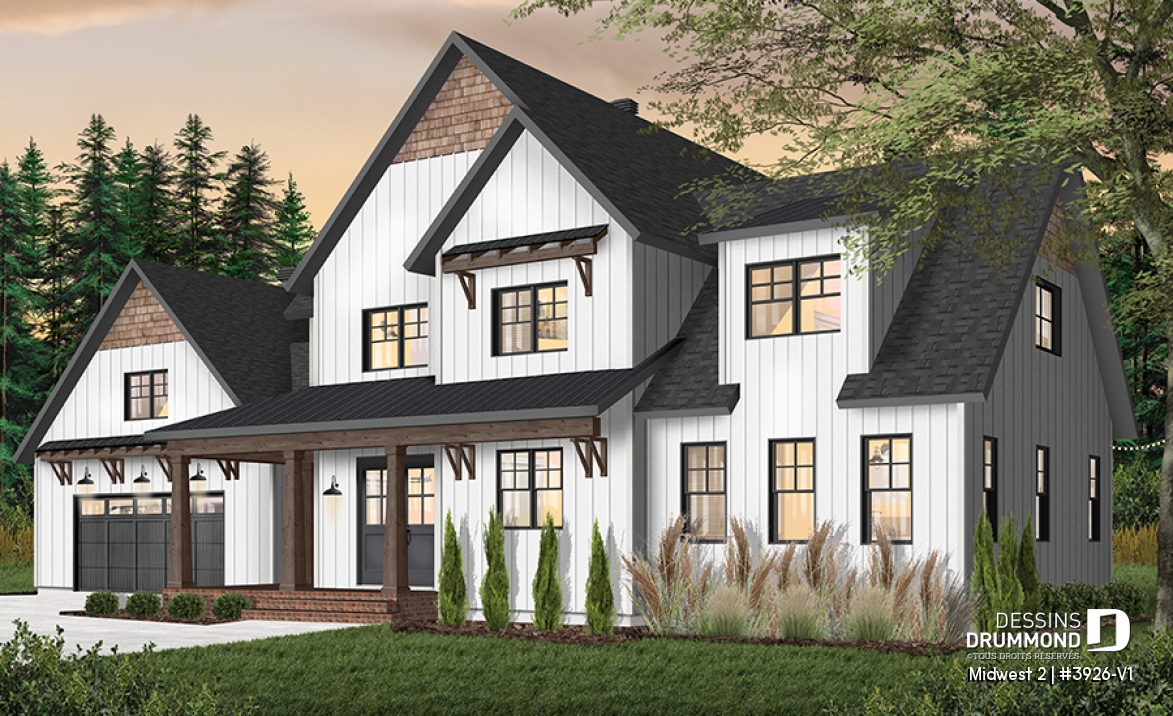 Vue avant - MODÈLE DE BASE - Plan de maison Farmhouse, 4 chambres, suite des maîtres au rdc, garde-manger, terrasse couverte, bibliothèque - Midwest 2