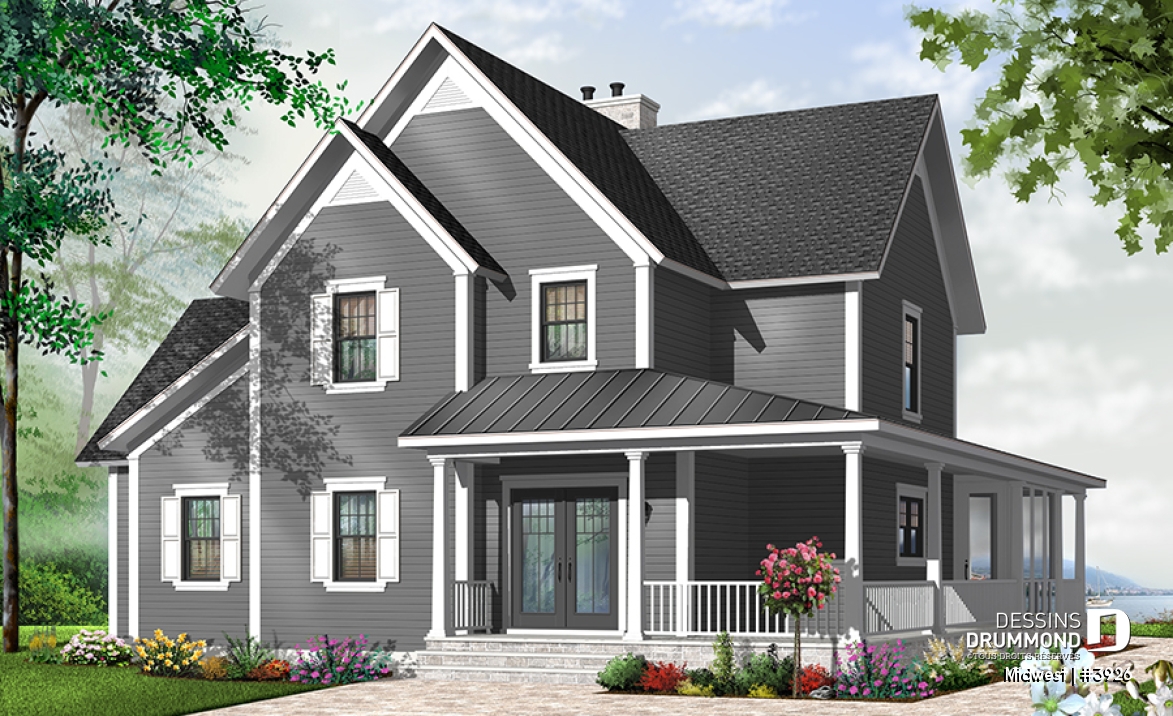 Version couleur no. 4 - Vue avant - Plan de Chalet ou Maison champêtre 4 chambres, chambre maître avec balcon privé, plafond à 9pi. au r-d-c - Midwest