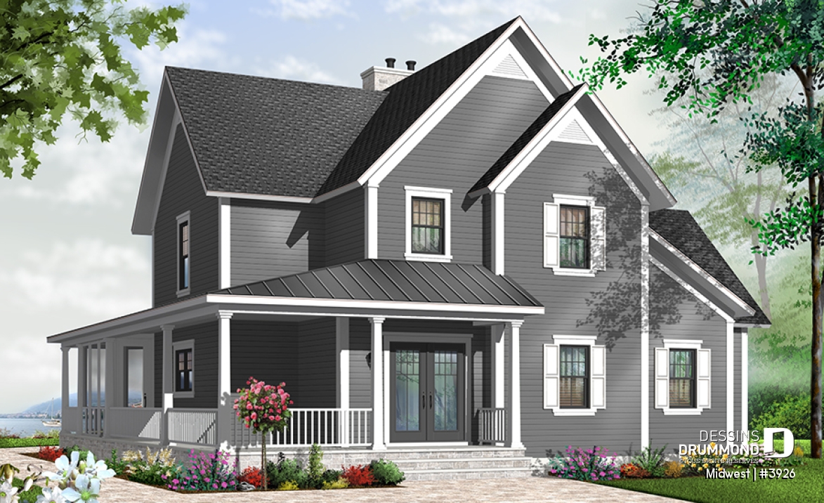 Version couleur no. 4 - Vue avant - Plan de Chalet ou Maison champêtre 4 chambres, chambre maître avec balcon privé, plafond à 9pi. au r-d-c - Midwest