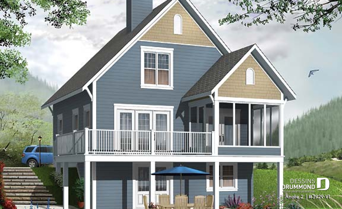 Vue arrière - MODÈLE DE BASE - Chalet bord de lac, 3 chambres, balcon abri-moustiquaire, espace ouvert &amp; foyer, 2.5 salles de bain, buanderie - Analie 2 