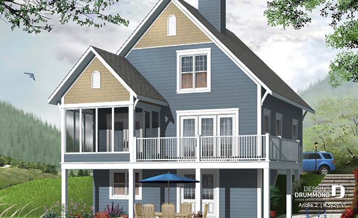 Vue arrière - MODÈLE DE BASE - Chalet bord de lac, 3 chambres, balcon abri-moustiquaire, espace ouvert &amp; foyer, 2.5 salles de bain, buanderie - Analie 2 