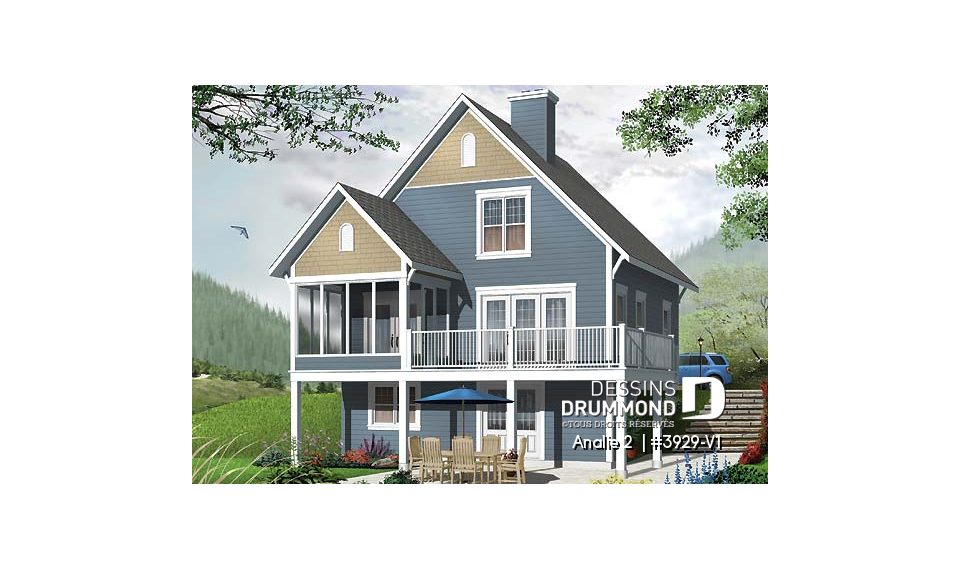 Vue arrière - MODÈLE DE BASE - Chalet bord de lac, 3 chambres, balcon abri-moustiquaire, espace ouvert &amp; foyer, 2.5 salles de bain, buanderie - Analie 2 