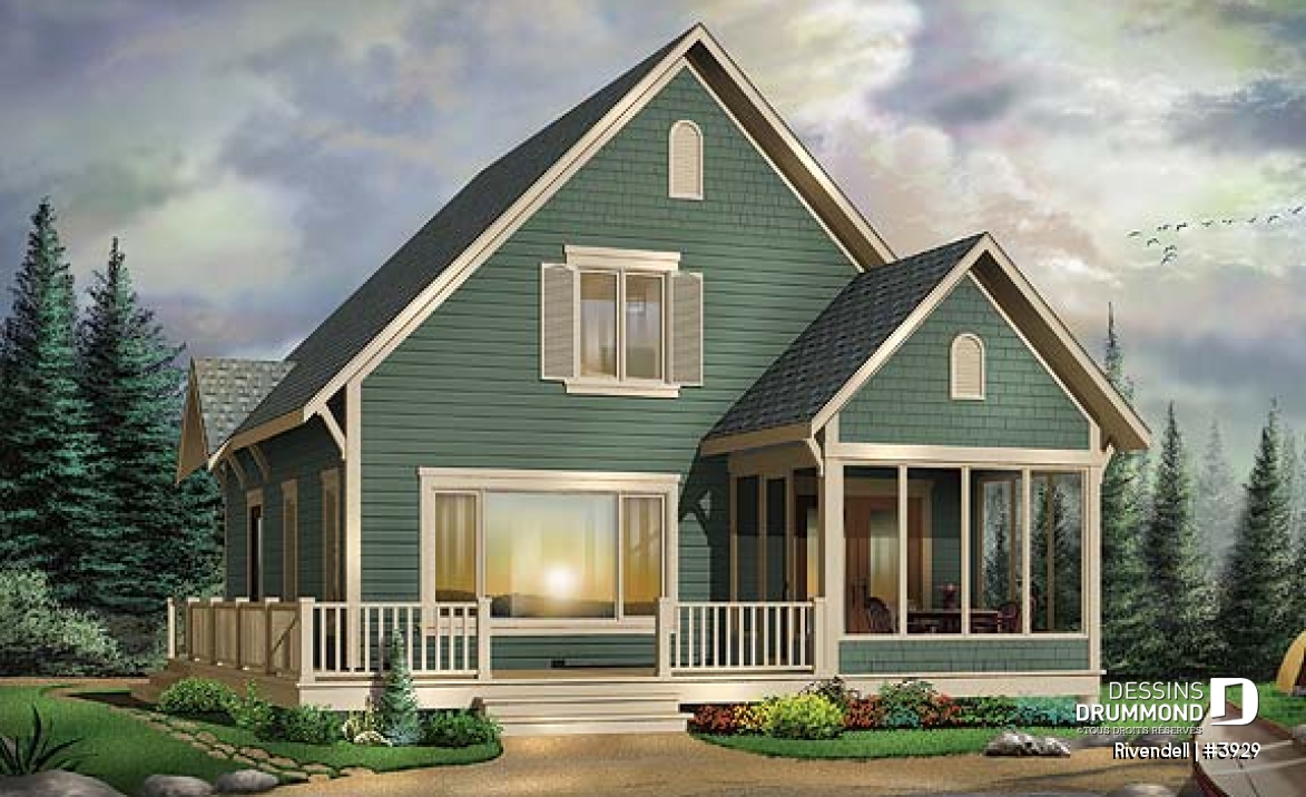Vue avant - MODÈLE DE BASE - Plan de petit chalet (ski), rangement ski à l'entrée, 3 chambres, abri moustiquaire, îlot, 2 salles de bain - Rivendell